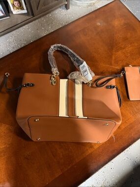 Tan Leather Tote with Cream Center Stripes - Women Bags